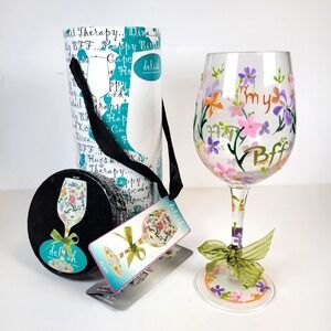 Delish My BFF Hand Painted Wine Glass 15 oz Floral Stemmed Gift with Canister
